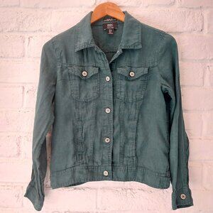 JNY 100% Linen Trucker Jacket Womens Small Green Lightweight Pocket Button Front